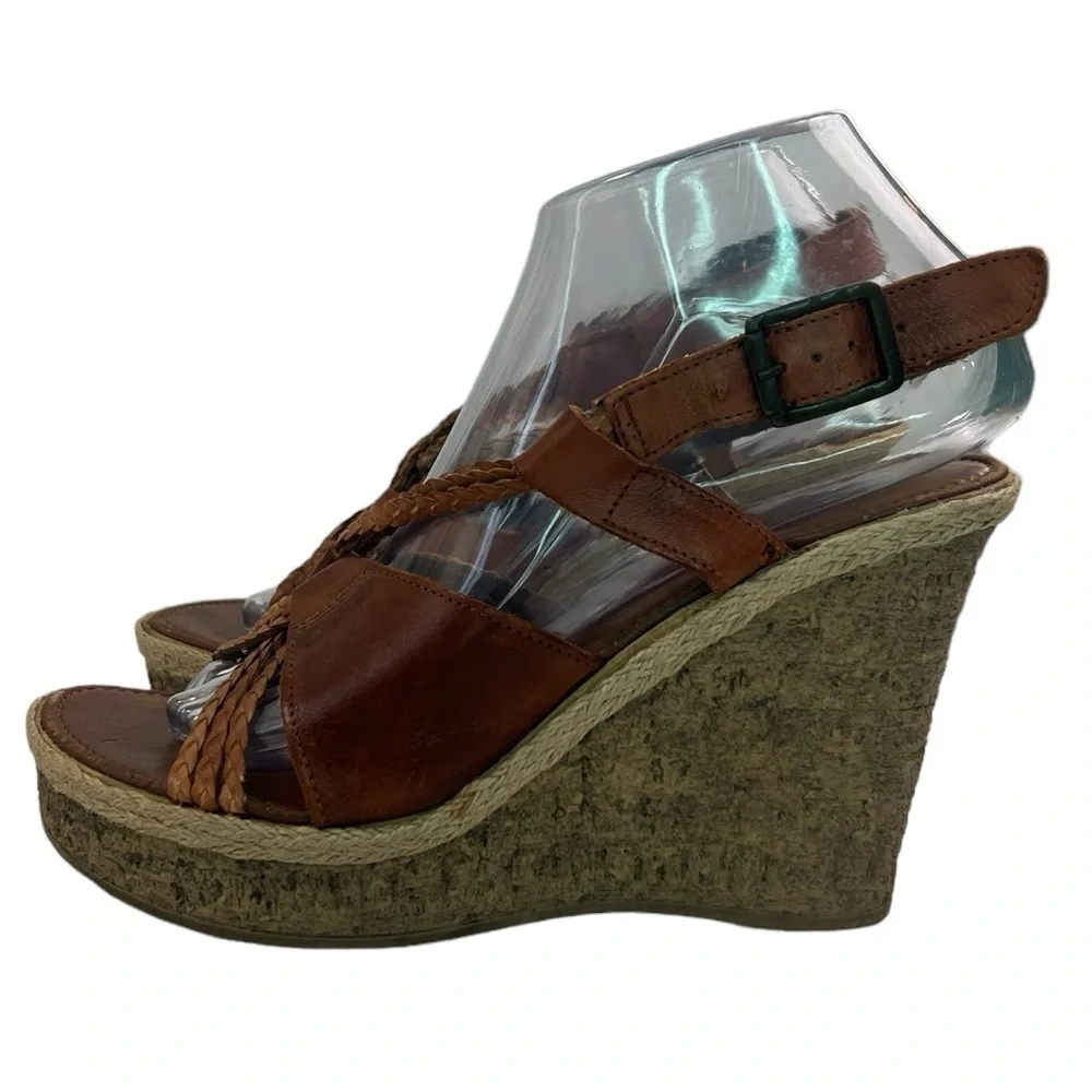 Aldo Tan Cognac Braided Vegan Leather Crisscross Keyhole Wedge Size 38 US 7.5